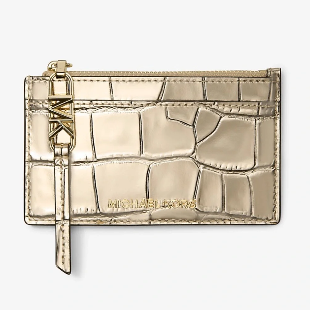 Michael Kors Empire Sm Metallic Crocodile Embossed Leather Card Case Pale Gold